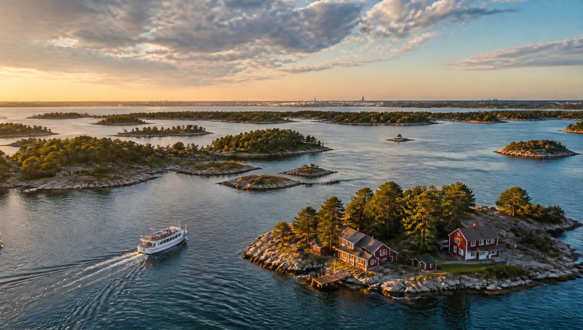 Aerial view of the Stockholm archipelago at golden hour, with islands, red cottages and a tour boat on calm Baltic waters